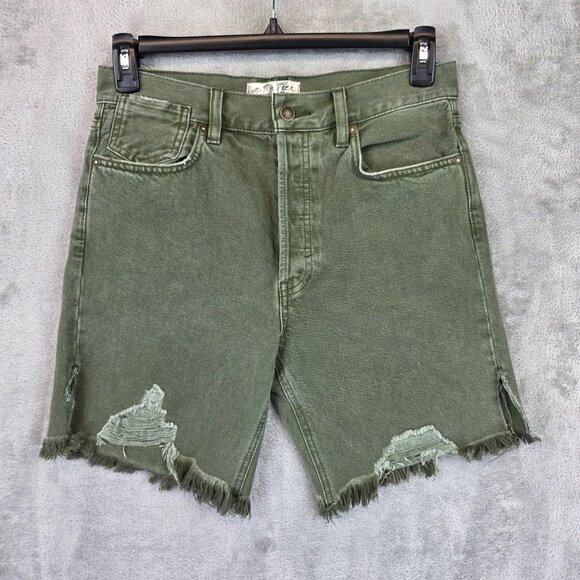 We The Free Denim Shorts Womens 27 Green Distressed Button Fly Raw Hem Cutoff - Picture 1 of 14